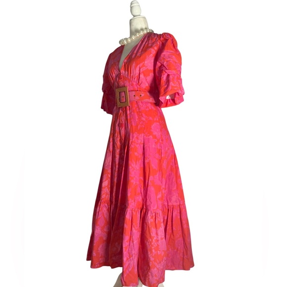 Savida Midi Dress NWT Red Pink Floral Puff Sleeve Belted Midi Tiered Ruffle - Picture 7 of 13